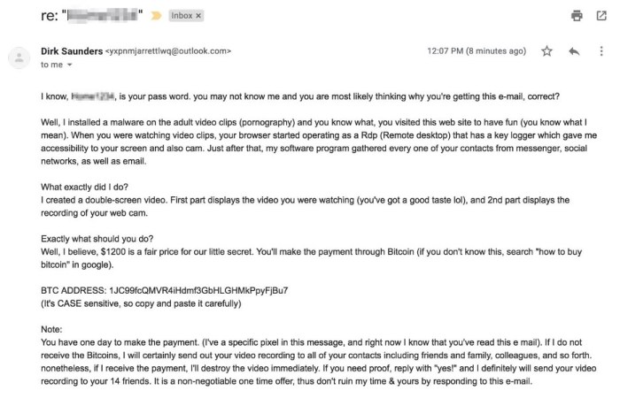 Threatening Email Asking For Bitcoin
